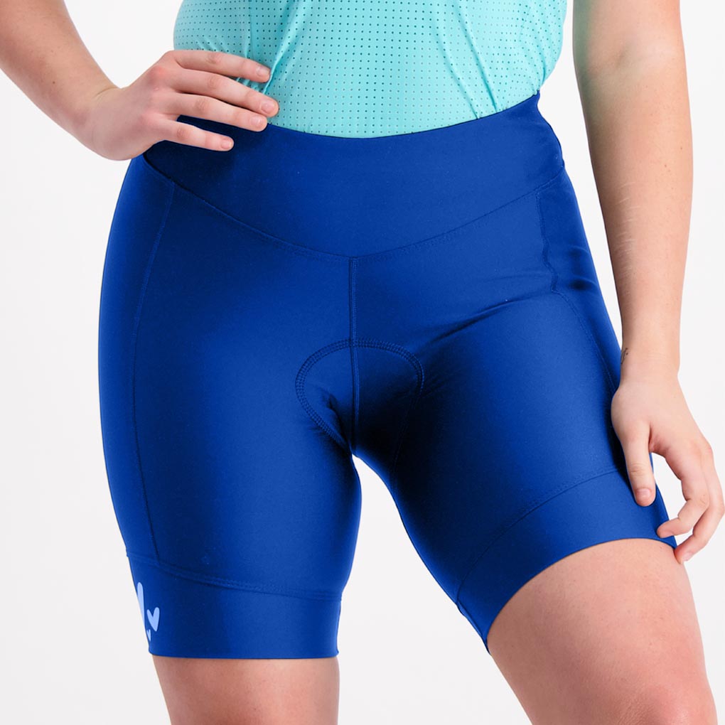 Front view of ocean blue short padded cycling pants