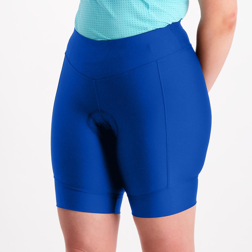 Front side view of ocean blue short padded cycling pants