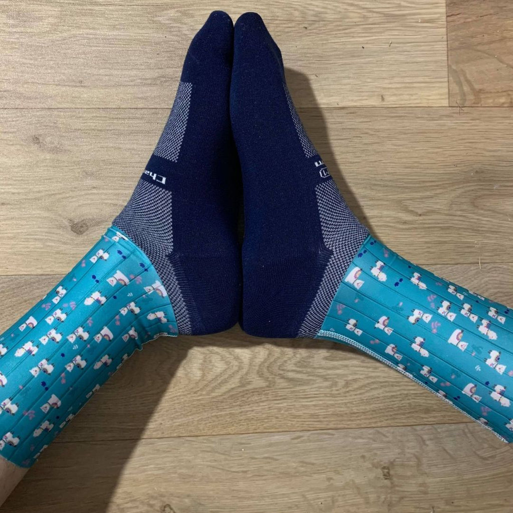 no drama llama cycling socks with llama and deep blue colour design