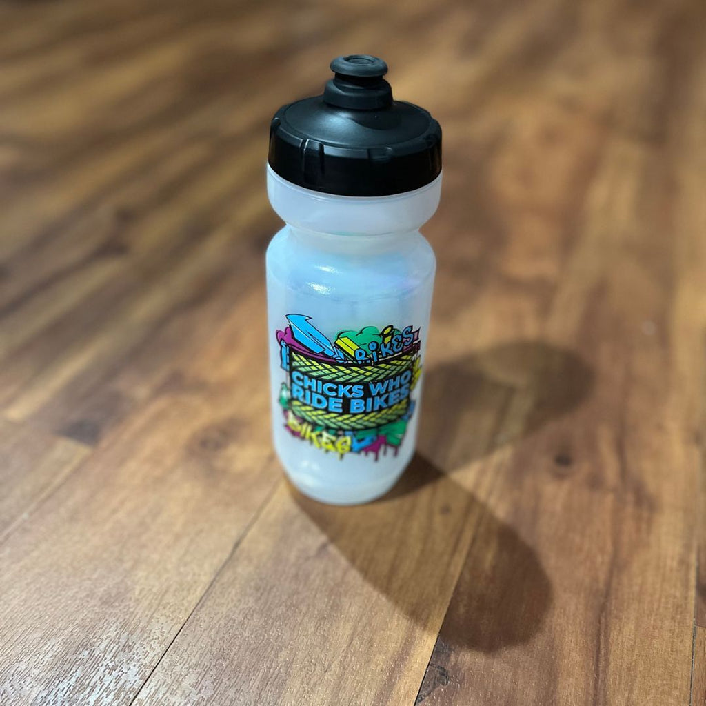 gym or cycling water bottle in white plastic with CWRB graphic logo actual photo